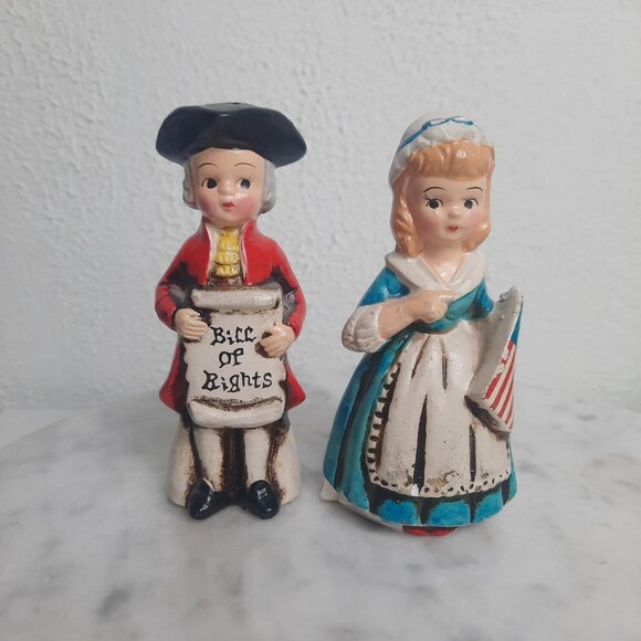 Vtg Enesco Porcelain Salt Pepper Shakers Betsy Ross Thomas Jefferson Patriotic - Picture 1 of 8